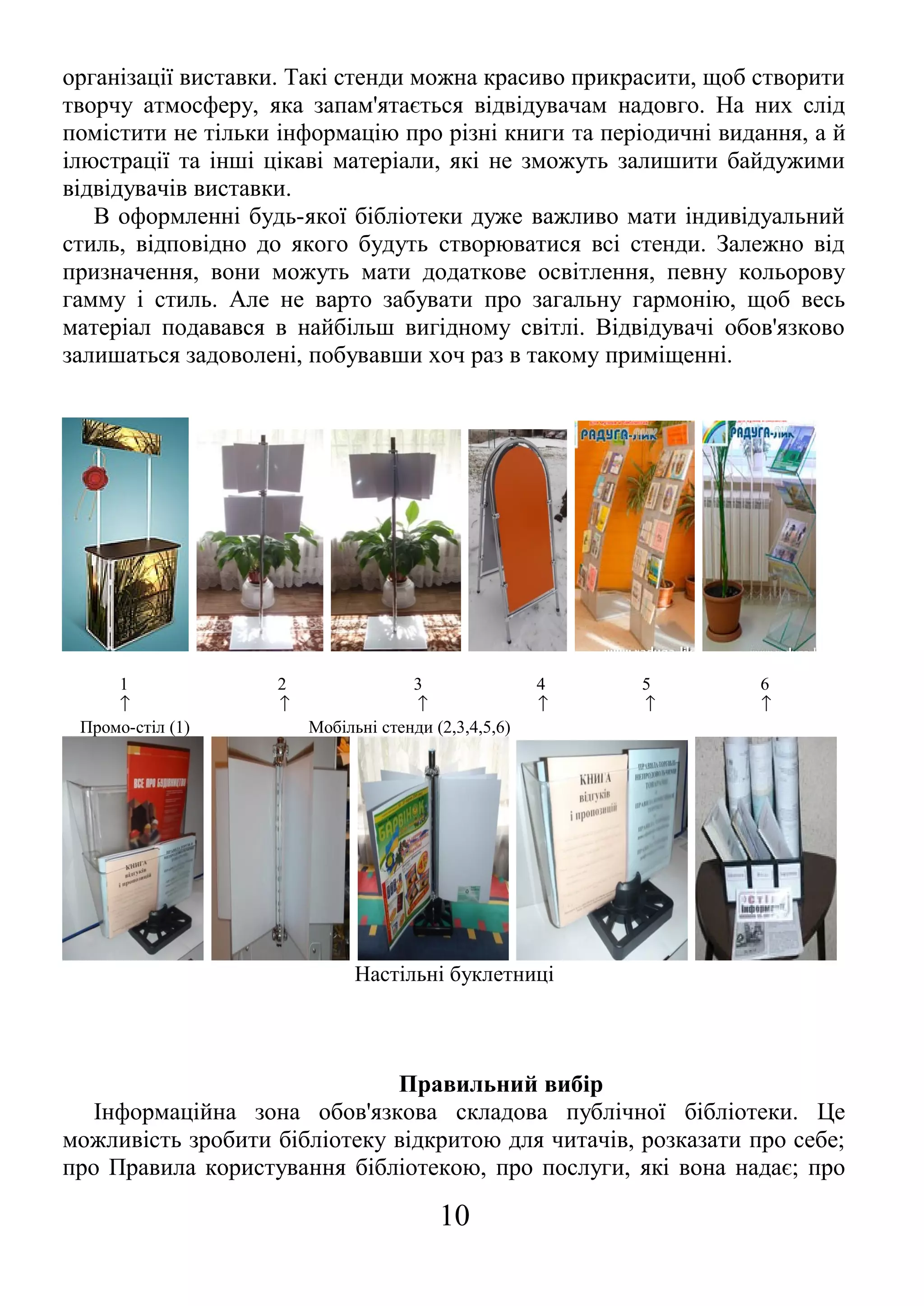 організації виставки. Такі стенди можна красиво прикрасити, щоб створити
творчу атмосферу, яка запам'ятається відвідувачам надовго. На них слід
помістити не тільки інформацію про різні книги та періодичні видання, а й
ілюстрації та інші цікаві матеріали, які не зможуть залишити байдужими
відвідувачів виставки.
В оформленні будь-якої бібліотеки дуже важливо мати індивідуальний
стиль, відповідно до якого будуть створюватися всі стенди. Залежно від
призначення, вони можуть мати додаткове освітлення, певну кольорову
гамму і стиль. Але не варто забувати про загальну гармонію, щоб весь
матеріал подавався в найбільш вигідному світлі. Відвідувачі обов'язково
залишаться задоволені, побувавши хоч раз в такому приміщенні.
1 2 3 4 5 6
↑ ↑ ↑ ↑ ↑ ↑
Промо-стіл (1) Мобільні стенди (2,3,4,5,6)
Настільні буклетниці
Правильний вибір
Інформаційна зона обов'язкова складова публічної бібліотеки. Це
можливість зробити бібліотеку відкритою для читачів, розказати про себе;
про Правила користування бібліотекою, про послуги, які вона надає; про
10
 