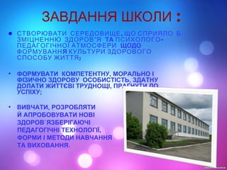 ЗАВДАННЯ ШКОЛИ :
• ,СТВОРЮВАТИ СЕРЕДОВИЩЕ ЩО СПРИЯЛО Б
ЗМІЦНЕННЮ ЗДОРОВ`Я ТА -ПСИХОЛОГО
ПЕДАГОГІЧНОЇ АТМОСФЕРИ ЩОДО
ФОРМУВАННЯ КУЛЬТУРИ ЗДОРОВОГО
;СПОСОБУ ЖИТТЯ
• ФОРМУВАТИ КОМПЕТЕНТНУ, МОРАЛЬНО І
ФІЗИЧНО ЗДОРОВУ ОСОБИСТІСТЬ, ЗДАТНУ
ДОЛАТИ ЖИТТЄВІ ТРУДНОЩІ, ПРАГНУТИ ДО
УСПІХУ;
• ВИВЧАТИ, РОЗРОБЛЯТИ
Й АПРОБОВУВАТИ НОВІ
ЗДОРОВ`ЯЗБЕРІГАЮЧІ
ПЕДАГОГІЧНІ ТЕХНОЛОГІЇ,
ФОРМИ І МЕТОДИ НАВЧАННЯ
ТА ВИХОВАННЯ.
 