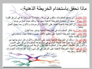‫الذهنية‬ ‫الخريطة‬ ‫باستخدام‬ ‫نحقق‬ ‫ماذا‬:-
(1)‫اختصار‬:‫ورقة‬ ‫في‬ ‫ستكون‬ ‫المعلومات‬ ‫جميع‬ ‫إن‬‫كثيرة‬ ‫أوراق‬ ‫في‬ ‫وجودها‬ ‫من‬ ً‫ال‬‫بد‬ ‫واحدة‬
(2)‫سهولة‬:ً‫ا‬‫يومي‬ ‫تمارس‬ ‫حينما‬ ‫وذلك‬ ً‫ا‬‫جد‬ ‫سهل‬ ‫الذهنية‬ ‫الخريطة‬ ‫استخدام‬ ‫أن‬ ‫سنجد‬.
(3)‫تسلية‬:‫ان‬‫ا‬ ‫يجعل‬ ‫مما‬ ‫واأللوان‬ ‫والرسومات‬ ‫األشكال‬ ‫على‬ ‫تعتمد‬ ‫الذهنية‬ ‫الخريطة‬‫لعمل‬
‫ممتعا‬
(4)‫استمرارية‬:‫أطول‬ ‫مدة‬ ‫يستمر‬ ‫الذهنية‬ ‫الخريطة‬ ‫في‬ ‫المعلومات‬ ‫تذكر‬
(5)‫تنظيم‬:‫تس‬ ‫حيث‬ ‫فعالة‬ ‫بصوره‬ ‫األفكار‬ ‫تنظيم‬ ‫على‬ ‫الذهنية‬ ‫الخريطة‬ ‫تعتمد‬‫في‬ ‫تخدم‬
‫عالية‬ ‫بكفاءة‬ ‫البحوث‬
(6)‫السرعة‬:‫م‬ ‫استرجاعها‬ ‫فان‬ ‫واأللوان‬ ‫األشكال‬ ‫على‬ ‫تعتمد‬ ‫الذهنية‬ ‫الخريطة‬ ‫أن‬ ‫وذلك‬‫ن‬
‫على‬ ‫يركز‬ ‫للمعلومات‬ ‫استرجاعه‬ ‫في‬ ‫البشري‬ ‫طبيعة‬ ‫هذه‬ ‫حيث‬ ‫سريعا‬ ‫يكون‬ ‫العقل‬‫الصور‬
‫بين‬ ‫السريع‬ ‫الربط‬ ‫يكون‬ ‫فهنا‬ ‫المكتوبة‬ ‫أو‬ ‫المطبوعة‬ ‫الكلمات‬ ‫قبل‬ ‫واأللوان‬‫الكلم‬‫ه‬‫والصورة‬
(7)‫التركيز‬:‫أثن‬ ‫القراءة‬ ‫أثناء‬ ‫شيء‬ ‫كل‬ ‫في‬ ‫التركيز‬ ‫على‬ ‫الذهنية‬ ‫الخريطة‬ ‫تحث‬‫الحوارات‬ ‫اء‬
‫وخارجه‬ ‫الصف‬ ‫داخل‬
 