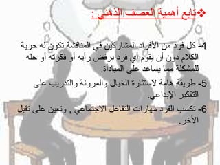 ‫تابع‬‫الذهني‬ ‫العصف‬ ‫أهمية‬:
4-‫ح‬ ‫له‬ ‫تكون‬ ‫المناقشة‬ ‫في‬ ‫المشاركين‬ ‫األفراد‬ ‫من‬ ‫فرد‬ ‫كل‬‫رية‬
‫حل‬ ‫أو‬ ‫فكرته‬ ‫أو‬ ‫رأيه‬ ‫برفض‬ ‫فرد‬ ‫أي‬ ‫يقوم‬ ‫أن‬ ‫دون‬ ‫الكالم‬‫ه‬
‫المبادأة‬ ‫على‬ ‫يساعد‬ ‫مما‬ ‫للمشكلة‬.
5-‫على‬ ‫والتدريب‬ ‫والمرونة‬ ‫الخيال‬ ‫الستثارة‬ ‫هامة‬ ‫طريقة‬
‫اإلبداعي‬ ‫التفكير‬.
6-‫االجتماعي‬ ‫التفاعل‬ ‫مهارات‬ ‫الفرد‬ ‫تكسب‬,‫على‬ ‫وتعين‬‫تقبل‬
‫األخر‬.
 