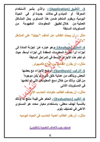 6
3‫التطبيق‬ ‫ـ‬(Application:)-‫و‬‫يشير‬ ‫الذي‬‫أل‬‫ستخدام‬
‫المبادئ‬ ‫أو‬ ‫المعرفة‬‫في‬‫جديدة‬ ‫حاالت‬‫الحياة‬ ‫في‬ ‫أو‬
‫اليومية‬،‫و‬‫المشاكل‬ ‫بحل‬ ‫المستوى‬ ‫هذا‬ ‫ضمن‬ ‫المتعلم‬ ‫يقوم‬
‫العملية‬‫خالل‬ ‫من‬‫من‬ ‫المفهومة‬ ‫المعلومات‬ ‫تطبيق‬
‫السابقة‬ ‫المستويات‬
: ‫مثال‬-" ‫الملف‬ ‫عن‬ ‫الطالب‬ ‫يبحث‬ ‫أن‬clac‫المشغل‬ ‫على‬ "
"c"
4‫التحليل‬ ‫ـ‬(Analysis:)-‫عن‬ ‫عباره‬ ‫وهو‬‫تجزئة‬‫المادة‬‫إلى‬
‫أى‬ ‫أجزاء‬‫تجزئة‬‫إلى‬ ‫المعقدة‬ ‫المعلومات‬‫أجزاء‬‫حيث‬ ،‫أبسط‬
‫األبسط‬ ‫األجزاء‬ ‫هذه‬ ‫تعلم‬ ‫تم‬‫المراحل‬ ‫في‬‫السابقة‬
:‫مثال‬-.‫الكمبيوتر‬ ‫أنواع‬ ‫بين‬ ‫الطالب‬ ‫يقارن‬ ‫أن‬
9‫ـ‬‫التركيب‬(Synthesis):-‫األجزاء‬ ‫وضع‬‫بعضها‬ ‫مع‬
‫البعض‬‫و‬‫عملية‬ ‫من‬ ‫يتألف‬‫يكن‬ ‫لم‬ ‫شيء‬ ‫خلق‬‫موجود‬ً‫ا‬
‫من‬‫قبل‬‫دمج‬ ‫خالل‬ ‫من‬ ‫وذلك‬ ،‫تعلمها‬ ‫تم‬ ‫التي‬ ‫المعلومات‬
‫في‬‫األدنى‬ ‫المستويات‬
:‫مثال‬-‫األلى‬ ‫الحاسب‬ ‫مكونات‬ ‫الطالب‬ ‫يصنف‬ ‫أن‬
1‫التقييم‬ ‫ـ‬(Evaluation):-‫على‬ ‫الحكم‬‫قيمة‬‫وذلك‬ ‫ما‬ ‫منتج‬
‫بالنسبة‬‫محدد‬ ‫معيار‬ ‫باستخدام‬ ،‫معطى‬ ‫لهدف‬‫المستوى‬ ‫هو‬
‫األعلى‬‫بلوم‬ ‫تصنيف‬ ‫في‬.
:‫مثال‬-‫فى‬ ‫الحاسب‬ ‫أهمية‬ ‫الطالب‬ ‫يقدر‬ ‫أن‬‫اليوميه‬ ‫الحياه‬
)‫(التقليدي‬ ‫التعليمية‬ ‫لألهداف‬ ‫بلوم‬ ‫تصنيف‬
 
