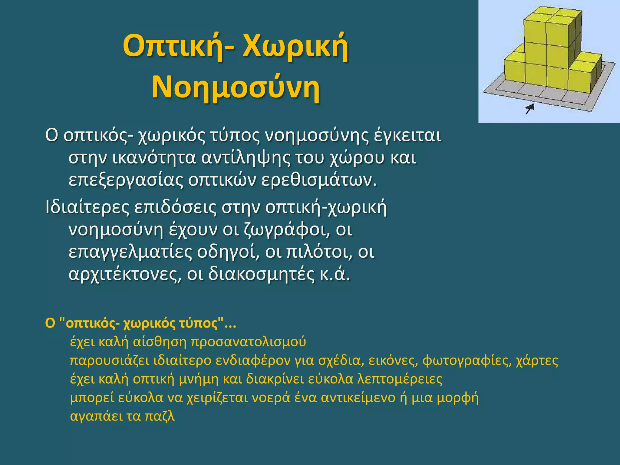 Οπτική- Χωρική
Νοημοσύνη
Ο οπτικός- χωρικός τύπος νοημοσύνης έγκειται
στην ικανότητα αντίληψης του χώρου και
επεξεργασίας οπτικών ερεθισμάτων.
Ιδιαίτερες επιδόσεις στην οπτική-χωρική
νοημοσύνη έχουν οι ζωγράφοι, οι
επαγγελματίες οδηγοί, οι πιλότοι, οι
αρχιτέκτονες, οι διακοσμητές κ.ά.
Ο "οπτικός- χωρικός τύπος"...
έχει καλή αίσθηση προσανατολισμού
παρουσιάζει ιδιαίτερο ενδιαφέρον για σχέδια, εικόνες, φωτογραφίες, χάρτες
έχει καλή οπτική μνήμη και διακρίνει εύκολα λεπτομέρειες
μπορεί εύκολα να χειρίζεται νοερά ένα αντικείμενο ή μια μορφή
αγαπάει τα παζλ
 
