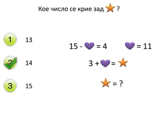 Кое число се крие зад ?
13
14
15
15 - = 4 = 11
3 + =
= ?
 