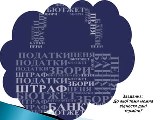 Завдання:
До якої теми можна
віднести дані
терміни?
 