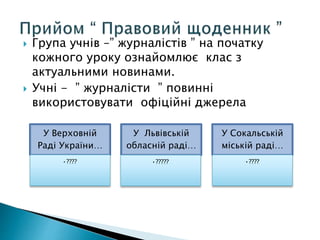  Група учнів –” журналістів ” на початку
кожного уроку ознайомлює клас з
актуальними новинами.
 Учні - ” журналісти ” повинні
використовувати офіційні джерела
У Верховній
Раді України…
•????
У Львівській
обласній раді…
•?????
У Сокальській
міській раді…
•????
 