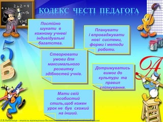 Постійно
шукати в
кожному учневі
індивідуальні
багатства.
КОДЕКС ЧЕСТІ ПЕДАГОГА
Планувати
і впроваджувати
нові системи,
форми і методи
роботи.
Створювати
умови для
максимального
розвитку
здібностей учнів.
Мати свій
особистий
стиль,щоб кожен
урок не був схожий
на інший.
Дотримуватись
вимог до
культури та
правил
спілкування.
Л.В.Небелиця - вчитель математики Великовисківської загальноосвітньої школи
 