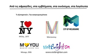 NYCity , 1977
Μόναχο, 2006
Μάντσεστερ
Από τις σφραγίδες, στα εμβλήματα, στα οικόσημα, στα λογότυπα
Τι εξυπηρετούν ; Την αναγνωρισιμότητα
 