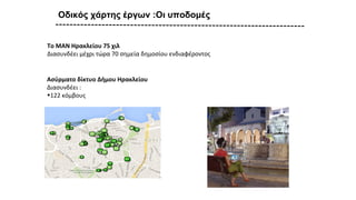 Το ΜΑΝ Ηρακλείου 75 χιλ
Διασυνδέει μέχρι τώρα 70 σημεία δημοσίου ενδιαφέροντος
Ασύρματο δίκτυο Δήμου Ηρακλείου
Διασυνδέει :
•122 κόμβους
Οδικός χάρτης έργων :Οι υποδομές
 