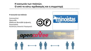 CommonFest
Opencoffe
Μαθητικό Φεστιβάλ ψηφιακής
δημιουργίας
Κοινότητες Ανοικτού Λογισμικού
Η κοινωνία των πολιτών.
Ο από τα κάτω σχεδιασμός και η συμμετοχή
Η κοινωνία των πολιτών
 