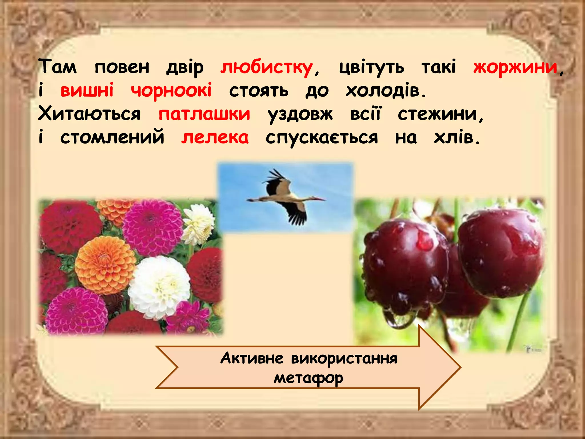 Там повен двір любистку, цвітуть такі жоржини,
і вишні чорноокі стоять до холодів.
Хитаються патлашки уздовж всії стежини,
і стомлений лелека спускається на хлів.
Активне використання
метафор
 