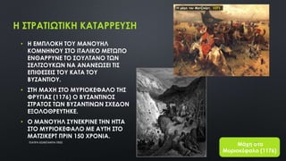 Η ΣΤΡΑΤΙΩΤΙΚΗ ΚΑΤΑΡΡΕΥΣΗ
• Η ΕΜΠΛΟΚΗ ΤΟΥ ΜΑΝΟΥΗΛ
ΚΟΜΝΗΝΟΥ ΣΤΟ ΙΤΑΛΙΚΟ ΜΕΤΩΠΟ
ΕΝΘΑΡΡΥΝΕ ΤΟ ΣΟΥΛΤΑΝΟ ΤΩΝ
ΣΕΛΤΖΟΥΚΩΝ ΝΑ ΑΝΑΝΕΩΣΕΙ ΤΙΣ
ΕΠΙΘΕΣΕΙΣ ΤΟΥ ΚΑΤΑ ΤΟΥ
ΒΥΖΑΝΤΙΟΥ.
• ΣΤΗ ΜΑΧΗ ΣΤΟ ΜΥΡΙΟΚΕΦΑΛΟ ΤΗΣ
ΦΡΥΓΙΑΣ (1176) Ο ΒΥΖΑΝΤΙΝΟΣ
ΣΤΡΑΤΟΣ ΤΩΝ ΒΥΖΑΝΤΙΝΩΝ ΣΧΕΔΟΝ
ΕΞΟΛΟΘΡΕΥΤΗΚΕ.
• Ο ΜΑΝΟΥΗΛ ΣΥΝΕΚΡΙΝΕ ΤΗΝ ΗΤΤΑ
ΣΤΟ ΜΥΡΙΟΚΕΦΑΛΟ ΜΕ ΑΥΤΗ ΣΤΟ
ΜΑΤΖΙΚΕΡΤ ΠΡΙΝ 150 ΧΡΟΝΙΑ.
Μάχη στο
Μυριοκέφαλο (1176)
ΤΣΑΠΡΑ ΚΩΝΣΤΑΝΤΙΑ ΠΕ02 12
 