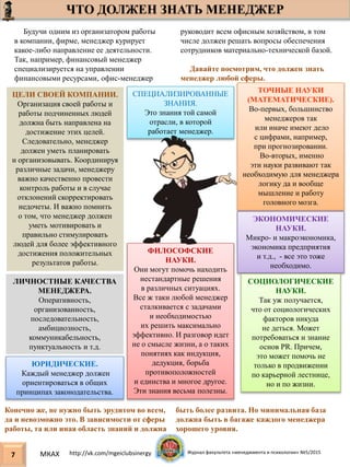 ЧТО ДОЛЖЕН ЗНАТЬ МЕНЕДЖЕР
7 МКАХ http://vk.com/mgeiclubsinergy Журнал факультета «менеджмента и психологии» №5/2015
ТОЧНЫЕ НАУКИ
(МАТЕМАТИЧЕСКИЕ).
Во-первых, большинство
менеджеров так
или иначе имеют дело
с цифрами, например,
при прогнозировании.
Во-вторых, именно
эти науки развивают так
необходимую для менеджера
логику да и вообще
мышление и работу
головного мозга.
ЭКОНОМИЧЕСКИЕ
НАУКИ.
Микро- и макроэкономика,
экономика предприятия
и т.д., - все это тоже
необходимо.
СОЦИОЛОГИЧЕСКИЕ
НАУКИ.
Так уж получается,
что от социологических
факторов никуда
не деться. Может
потребоваться и знание
основ PR. Причем,
это может помочь не
только в продвижении
по карьерной лестнице,
но и по жизни.
ФИЛОСОФСКИЕ
НАУКИ.
Они могут помочь находить
нестандартные решения
в различных ситуациях.
Все ж таки любой менеджер
сталкивается с задачами
и необходимостью
их решить максимально
эффективно. И разговор идет
не о смысле жизни, а о таких
понятиях как индукция,
дедукция, борьба
противоположностей
и единства и многое другое.
Эти знания весьма полезны.
ЮРИДИЧЕСКИЕ.
Каждый менеджер должен
ориентироваться в общих
принципах законодательства.
СПЕЦИАЛИЗИРОВАННЫЕ
ЗНАНИЯ.
Это знания той самой
отрасли, в которой
работает менеджер.
ЦЕЛИ СВОЕЙ КОМПАНИИ.
Организация своей работы и
работы подчиненных людей
должна быть направлена на
достижение этих целей.
Следовательно, менеджер
должен уметь планировать
и организовывать. Координируя
различные задачи, менеджеру
важно качественно провести
контроль работы и в случае
отклонений скорректировать
недочеты. И важно помнить
о том, что менеджер должен
уметь мотивировать и
правильно стимулировать
людей для более эффективного
достижения положительных
результатов работы.
ЛИЧНОСТНЫЕ КАЧЕСТВА
МЕНЕДЖЕРА.
Оперативность,
организованность,
последовательность,
амбициозность,
коммуникабельность,
пунктуальность и т.д.
Будучи одним из организатором работы
в компании, фирме, менеджер курирует
какое-либо направление ее деятельности.
Так, например, финансовый менеджер
специализируется на управлении
финансовыми ресурсами, офис-менеджер
руководит всем офисным хозяйством, в том
числе должен решать вопросы обеспечения
сотрудников материально-технической базой.
Давайте посмотрим, что должен знать
менеджер любой сферы.
Конечно же, не нужно быть эрудитом во всем,
да и невозможно это. В зависимости от сферы
работы, та или иная область знаний и должна
быть более развита. Но минимальная база
должна быть в багаже каждого менеджера
хорошего уровня.
 