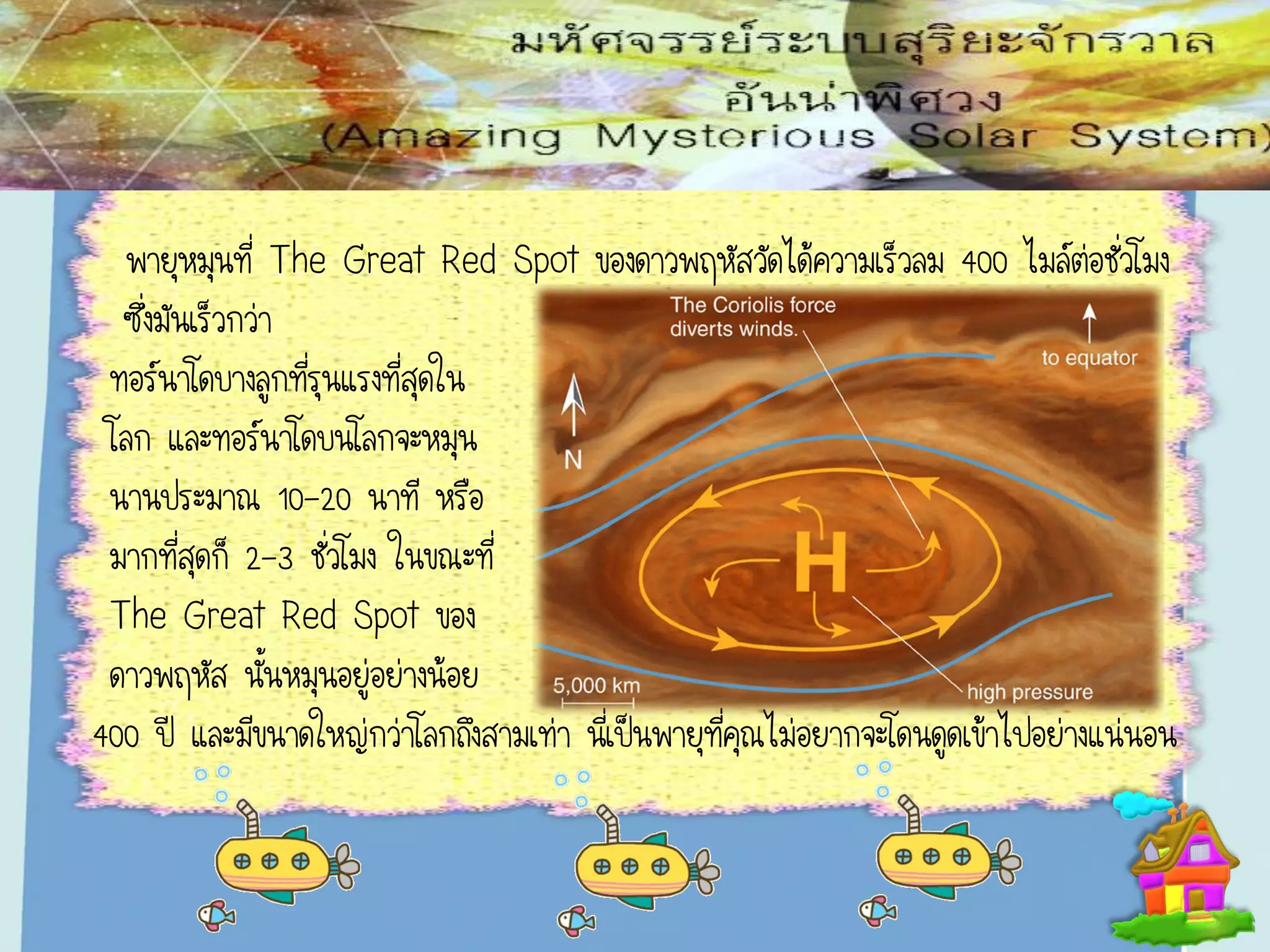 พายุหมุนที่ The Great Red Spot ของดาวพฤหัสวัดได้ความเร็วลม 400 ไมล์ต่อชั่วโมง
ซึ่งมันเร็วกว่า
ทอร์นาโดบางลูกที่รุนแรงที่สุดใน
โลก และทอร์นาโดบนโลกจะหมุน
นานประมาณ 10-20 นาที หรือ
มากที่สุดก็ 2-3 ชั่วโมง ในขณะที่
The Great Red Spot ของ
ดาวพฤหัส นั้นหมุนอยู่อย่างน้อย
400 ปี และมีขนาดใหญ่กว่าโลกถึงสามเท่า นี่เป็นพายุที่คุณไม่อยากจะโดนดูดเข้าไปอย่างแน่นอน
 
