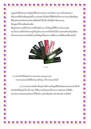 10
อนุญาตให้เขียนและอ่านข้อมูลได้ในตาแหน่งต่างๆ อย่างอิสระ และรวดเร็วพอสมควร
ซึ่งต่างจากสื่อเก็บข้อมูลชนิดอื่นๆ อย่างเทป หรือดิสก์ที่มีข้อจากัดในการอ่านและเขียนข้อมูล
ที่ต้องทาตามลาดับก่อนหลังตามที่จัดเก็บไว้ในสื่อ หรือมีข้อกาจัดแบบรอม
ที่อนุญาตให้อ่านเพียงอย่างเดียว
ข้อมูลในแรม อาจเป็นโปรแกรมที่กาลังทางาน หรือข้อมูลที่ใช้ในการประมวลผล
ของโปรแกรมที่กาลังทางานอยู่ ข้อมูลในแรมจะหายไปทันที เมื่อระบบคอมพิวเตอร์ถูกปิดลง
เนื่องจากหน่วยความจาชนิดนี้ จะเก็บข้อมูลได้เฉพาะเวลาที่มีกระแสไฟฟ้าหล่อเลี้ยงเท่านั้น
ภาพที่ 14
4.2) หน่วยเก็บข้อมูลสารอง (Secondary Storage Unit)
สามารถแบ่งออกได้เป็นประเภทใหญ่ ๆ ได้4 ประเภท ดังนี้
4.2.1) แบบจานแม่เหล็ก เป็นอุปกรณ์สารองข้อมูลที่เป็นลักษณะของจานแม่เหล็กสา
หรับบันทึกข้อมูลไว้ภายใน Disk ได้รับความนิยมและใช้งานมานานพอสมควรซึ่งเป็น
ส่วนประกอบของคอมพิวเตอร์ ที่ใช้หลักๆ เลยในปัจจุบัน ยกตัวอย่างเช่น ฮาร์ดดิสก์
 