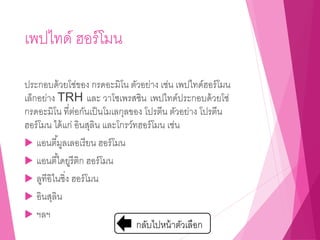 เพปไทด์ ฮอร์โมน
ประกอบด้วยโซ่ของ กรดอะมิโน ตัวอย่าง เช่น เพปไทด์ฮอร์โมน
เล็กอย่าง TRH และ วาโซเพรสซิน เพปไทด์ประกอบด้วยโซ่
กรดอะมิโน ที่ต่อกันเป็นโมเลกุลของ โปรตีน ตัวอย่าง โปรตีน
ฮอร์โมน ได้แก่ อินสุลิน และโกรว์ทฮอร์โมน เช่น
 แอนตี้มูลเลอเรียน ฮอร์โมน
 แอนตี้ไดยูรีติก ฮอร์โมน
 ลูทีอิไนซิ่ง ฮอร์โมน
 อินสุลิน
 ฯลฯ
กลับไปหน้าตัวเลือก
 