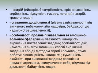 • - настрій (ейфорія, безтурботність, врівноваженість,
серйозність, відсутність гумору, поганий настрій,
тривога тощо);
• - ставлення до діяльності (рівень зацікавленості: від
активного небажання або недовіри, байдужості до
надмірної зацікавленості);
• - особливості проявів пізнавальної та емоційно-
вольової сфер (рівень уважності, швидкість
вирішення поставлених завдань; особливості дій:
намагання знайти загальний спосіб вирішення
завдання або дії методом спроб і помилок; темп
роботи: рівномірність, швидкість; сумлінність і
охайність при виконанні завдань; реакція на
невдачі: агресивна, звинувачення себе, відмова від
діяльності, байдужість тощо).
 