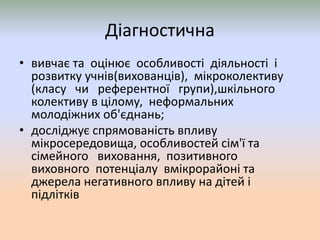 Діагностична
• вивчає та оцінює особливості діяльності і
розвитку учнів(вихованців), мікроколективу
(класу чи референтної групи),шкільного
колективу в цілому, неформальних
молодіжних об'єднань;
• досліджує спрямованість впливу
мікросередовища, особливостей сім'ї та
сімейного виховання, позитивного
виховного потенціалу вмікрорайоні та
джерела негативного впливу на дітей і
підлітків
 