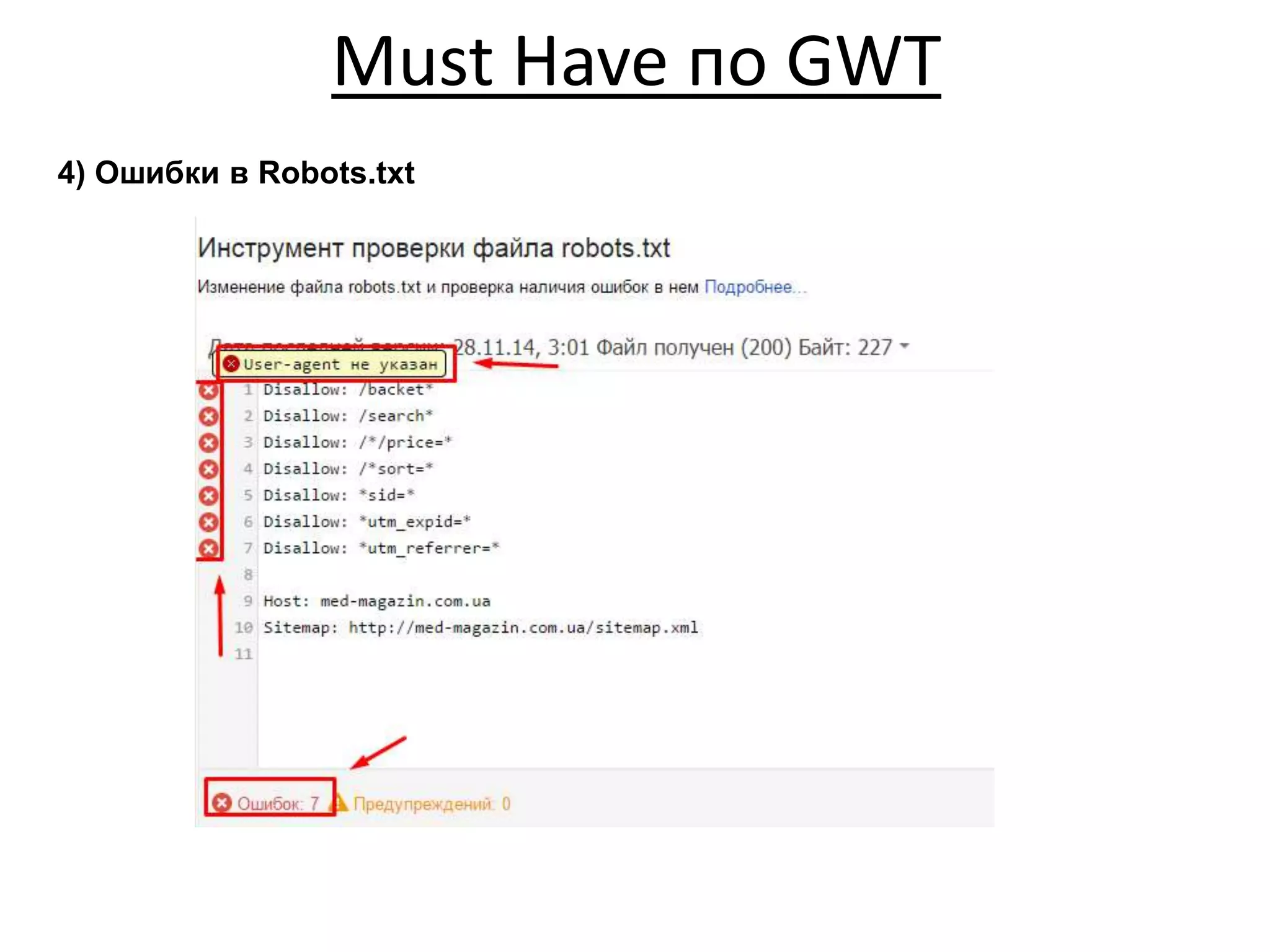Must Have по GWT
4) Ошибки в Robots.txt
 