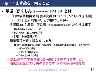 Tip 1：まず敵を，知ること
• 学振（がくしん (↓→→→ or ↓↗↓↓)）とは
– 「日本学術振興会 特別研究員 DC1/2, PD, SPD, RPD」制度
• 「DC1」とか「学振PD」とか略すことが多い
– ３年間 or ２年間，生活費（特別研究員研究奨励金）がもらえます
• DC1, DC2：20万円／月
• PD, RPD：36.2万円／月
• SPD：44.6万円／月
– 募集要項を良く読みましょう
• 申請先は基本的には以下の通り（医学系等の４年制Dは少し異なります）
– M2→DC1 (3年)
– D1/D2→DC2 (2年)
– D3以上→PD (3年)
– DCは途中で学位を取ったらPDに変更されます，が，
研究奨励金は20万円のままです（H27申請からの変更点）
2015/3/6 東工大学振特研説明会－大上雅史 11
 