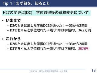 Tip 1：まず敵を，知ること
• いままで
– D2のときに出した学振DC2が通った！→D3から2年間
– D3でちゃんと学位取れた→残り1年は学振PD，36.2万円
• これから
– D2のときに出した学振DC2が通った！→D3から2年間
– D3でちゃんと学位取れた→残り1年は学振PD，20万円
2015/3/6 東工大学振特研説明会－大上雅史
H27の変更点(DC) 学位取得後の資格変更について
13
 