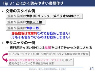 Tip 3：とにかく読みやすい書類作り
• 文章のスタイル例
• テクニックの一例
– 専門用語っぽい語句には枕詞をつけて分かった気にさせる
2015/3/6 東工大学振特研説明会－大上雅史
重要な箇所は太字(MSゴシック, メイリオboldなど）
重要な箇所は太字＋下線
重要な箇所は太字＋色
フィンガープリントを用いて標的の分かっている類似化合物を検索
薬剤の１次元情報であるフィンガープリントを用いて
標的の分かっている類似化合物を検索
34
（赤系統色は攻撃的なのでお勧めしません）
（そもそも色をつけるのはお勧めしません）
 