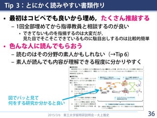 Tip 3：とにかく読みやすい書類作り
• 最初はコピペでも良いから埋め，たくさん推敲する
– 1回全部埋めてから指導教員と相談するのが良い
• できてないものを指摘するのは大変だが，
見た目でそこそこできているものに駄目出しするのは比較的簡単
• 色んな人に読んでもらおう
– 読むのはその分野の素人かもしれない（→Tip 6）
– 素人が読んでも内容が理解できる程度に分かりやすく
2015/3/6 東工大学振特研説明会－大上雅史
図でパッと見て
何をする研究か分かると良い
36
 