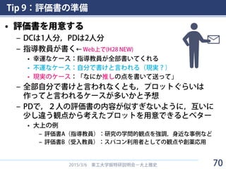 Tip 9：評価書の準備
• 評価書を用意する
– DCは1人分，PDは2人分
– 指導教員が書く← Web上で(H28 NEW)
• 幸運なケース：指導教員が全部書いてくれる
• 不運なケース：自分で書けと言われる（現実？）
• 現実のケース：「なにか推しの点を書いて送って」
– 全部自分で書けと言われなくとも，プロットぐらいは
作ってと言われるケースが多いかと予想
– PDで，２人の評価書の内容が似すぎないように，互いに
少し違う観点から考えたプロットを用意できるとベター
• 大上の例
– 評価書A（指導教員）：研究の学問的観点を強調，身近な事例など
– 評価書B（受入教員）：スパコン利用者としての観点や創薬応用
2015/3/6 東工大学振特研説明会－大上雅史 70
 