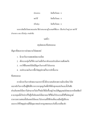 ปานกลาง คิดเป็นร้อยละ 0
พอใช้ คิดเป็นร้อยละ 0
ปรับปรุง คิดเป็นร้อยละ 0
จากการคิดเป็นร้อยละของแต่ละวิธีนาเสนอจะอยู่ในเกณฑ์ที่ดีมาก เป็นส่วนใหญ่มาก พอใช้
ปานกลาง และ ปรับปรุง ตามลาดับ
บทที่ 5
สรุปผลและข้อเสนอแนะ
ปัญหาที่พบจากการนาผลงานไปเผยแพร่
1. มีเวลาในการเผยแพร่ผลงานน้อย
2. เด็กบางกลุ่มไม่ให้ความร่วมมือในกาทาแบบประเมินความพึงพอใจ
3. การใช้อินเทอร์เน็ตมีปัญหาในการเข้าโปรแกรม
4. งบประมาณในการซื้อวัสดุอุปกรณ์ในการทาชิ้นงาน
ข้อเสนอแนะ
ควรมีเวลาในการทาผลงานมากกว่านี้ เด็กบางคนยังขาดความมีระเบียบวินัย
และหลักในการเป็นผู้ฟังที่ดี เราควรหาจุดจูงใจเพื่อให้เด็กทุกคนสนใจและตั้งใจฟัง
ส่วนอินเทอร์เน็ตเราไม่สามารถไปแก้ไขมันได้มันขึ้นอยู่ว่าจะมีสัญญาณปล่อยมามากน้อยเพียงใ
ด จะหลุดเมื่อไหร่เราก็ไม่รู้หรืออินเทอร์เน็ตอาจจะใช้ได้แต่โปรแกรมที่ใช้ไม่สมบูรณ์
เราควรตรวจสอบทั้งอินเทอร์เน็ตและโปรแกรมที่ใช้ก่อนที่จะลงมือปฏิบัติงาน
และควรใช้วัสดุอุปกรณ์ที่มีคุณภาพแต่ราคาถูกพอเหมาะกับชิ้นงานที่จะทา
 