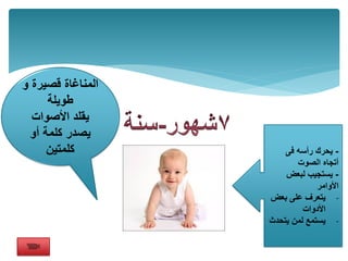 -‫فى‬ ‫رأسه‬ ‫يحرن‬
‫الصوت‬ ‫أتجاه‬
-‫لبعض‬ ‫يستجيب‬
‫األوامر‬
-‫بعض‬ ‫على‬ ‫يتعرف‬
‫األدوات‬
-‫يتحدث‬ ‫لمن‬ ‫يستمع‬
‫و‬ ‫لصيرة‬ ‫المناغاة‬
‫طويلة‬
‫األصوات‬ ‫يملد‬
‫أو‬ ‫كلمة‬ ‫يصدر‬
‫كلمتين‬
 