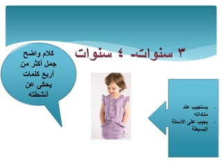 -‫عند‬ ‫يستجيب‬
‫مناداته‬
-‫األسئلة‬ ‫على‬ ‫يجيب‬
‫البسيطة‬
‫واضح‬ ‫كالم‬
‫من‬ ‫أكثر‬ ‫جمل‬
‫كلمات‬ ‫أربع‬
‫عن‬ ‫يحكى‬
‫أنشطته‬
 