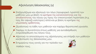 Αξιολόγηση διδασκαλίας (γ)
 Επεξεργάζομαι και αξιολογώ τον λόγο (προφορικό /γραπτό) των
μαθητών μου με βάση τα κριτήρια της καταλληλότητας και της
αποδεκτότητας του λόγου ως προς την επικοινωνιακή περίσταση (π.χ.
πώς θα ταίριαζε καλύτερα;) αλλά και με βάση το κριτήριο της
γλωσσικής ορθότητας.
 Ομαδοποιώ τα λάθη των μαθητών και παρέχω θεραπευτική εργασία.
 Παρέχω τη δυνατότητα στους μαθητές για αυτοδιόρθωση
/ετεροδιόρθωση του λόγου τους.
 Αξιοποιώ τα αποτελέσματα της αξιολόγησης για στήριξη των μαθητών
και βελτίωση της διδασκαλίας μου.
 Ενημερώνω τους γονείς για την πρόοδο των
παιδιών τους.
 