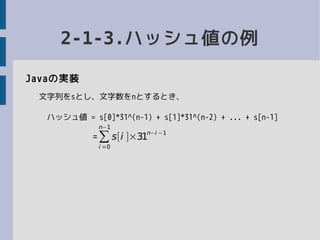 2-1-3.ハッシュ値の例
Javaの実装
文字列をsとし、文字数をnとするとき、
　ハッシュ値 = s[0]*31^(n-1) + s[1]*31^(n-2) + ... + s[n-1]
=∑
i =0
n−1
s[i ]×31
n−i −1
 