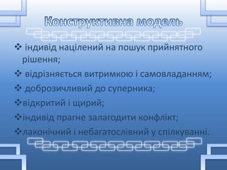  індивід націлений на пошук прийнятного
рішення;
 відрізняється витримкою і самовладанням;
 доброзичливий до суперника;
відкритий і щирий;
індивід прагне залагодити конфлікт;
лаконічний і небагатослівний у спілкуванні.
 