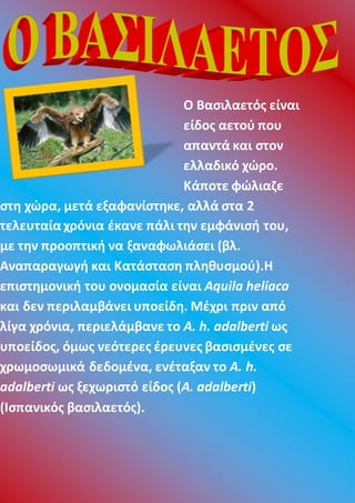 Ο Βασιλαετός είναι
είδος αετού που
απαντά και στον
ελλαδικό χώρο.
Κάποτε φώλιαζε
στη χώρα, μετά εξαφανίστηκε, αλλά στα 2
τελευταία χρόνια έκανε πάλι την εμφάνισή του,
με την προοπτική να ξαναφωλιάσει (βλ.
Αναπαραγωγή και Κατάσταση πληθυσμού).Η
επιστημονική του ονομασία είναι Aquila heliaca
και δεν περιλαμβάνει υποείδη. Μέχρι πριν από
λίγα χρόνια, περιελάμβανε το A. h. adalberti ως
υποείδος, όμως νεότερες έρευνες βασισμένες σε
χρωμοσωμικά δεδομένα, ενέταξαν το A. h.
adalberti ως ξεχωριστό είδος (A. adalberti)
(Ισπανικός βασιλαετός).
 