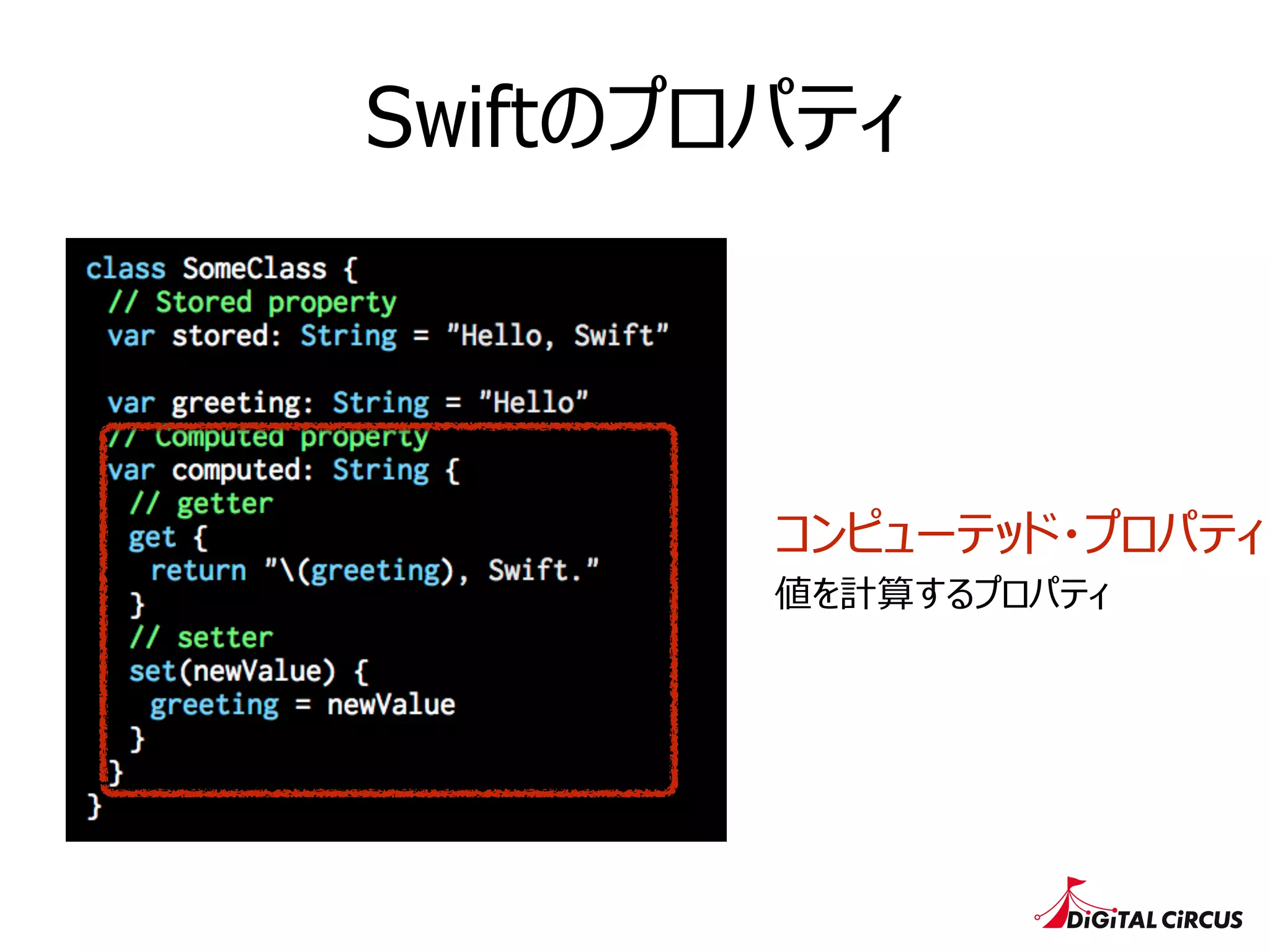 Swiftのプロパティ
コンピューテッド・プロパティ
値を計算するプロパティ
 