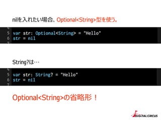 nilを⼊入れたい場合、Optional<String>型を使う。
String?は…
Optional<String>の省省略略形！
 