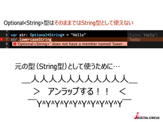 Optional<String>型はそのままではString型として使えない
元の型（String型）として使うために…
＿⼈人⼈人⼈人⼈人⼈人⼈人⼈人⼈人⼈人⼈人⼈人＿
＞　アンラップする！！　＜
￣Y^Y^Y^Y^Y^Y^Y^Y^Y^Y￣
 
