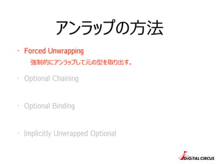 アンラップの⽅方法
・ Forced Unwrapping
強制的にアンラップして元の型を取り出す。
・ Optional Chaining
・ Optional Binding
・ Implicitly Unwrapped Optional
 