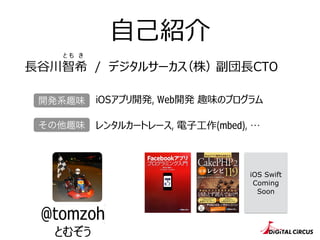 ⾃自⼰己紹介
⻑⾧長⾕谷川智希 / デジタルサーカス（株） 副団⻑⾧長CTO
と も き
@tomzoh 
とむぞう
iOS Swift
Coming
Soon
開発系趣味
その他趣味
iOSアプリ開発, Web開発 趣味のプログラム
レンタルカートレース, 電⼦子⼯工作(mbed), …
 