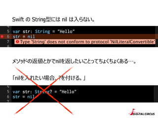 Swift の String型には nil は⼊入らない。
「nilを⼊入れたい場合、?を付ける。」
メソッドの返値とかでnilを返したいことってちょくちょくある…。
 