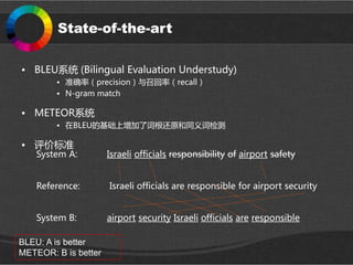 State-of-the-art
• BLEU系统 (Bilingual Evaluation Understudy)
• 准确率（precision）与召回率（recall）
• N-gram match
• METEOR系统
• 在BLEU的基础上增加了词根还原和同义词检测
• 评价标准
System A: Israeli officials responsibility of airport safety
Reference: Israeli officials are responsible for airport security
System B: airport security Israeli officials are responsible
BLEU: A is better
METEOR: B is better
 