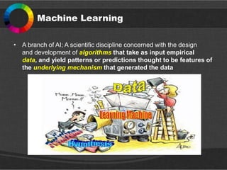 Machine Learning
• A branch of AI; A scientific discipline concerned with the design
and development of algorithms that take as input empirical
data, and yield patterns or predictions thought to be features of
the underlying mechanism that generated the data
 
