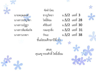 จัดทาโดย
นายพฤฒพงศ์ ชาญวิทยา ม.5/2 เลขที่ 3
นางสาวขวัญจิรา โพธิ์ล้อม ม.5/2 เลขที่ 28
นางสาวณัฐฐา ศรีอินทร์ ม.5/2 เลขที่ 30
นางสาวพิมพ์ลภัส กลมทุกสิ่ง ม.5/2 เลขที่ 31
นางสาวเกสรา วัจนะ ม.5/2 เลขที่ 38
ชั้นมัธยมศึกษาปีที่ 5/2
เสนอ
คุณครู ทรงศักดิ์ โพธิ์เอี่ยม
 