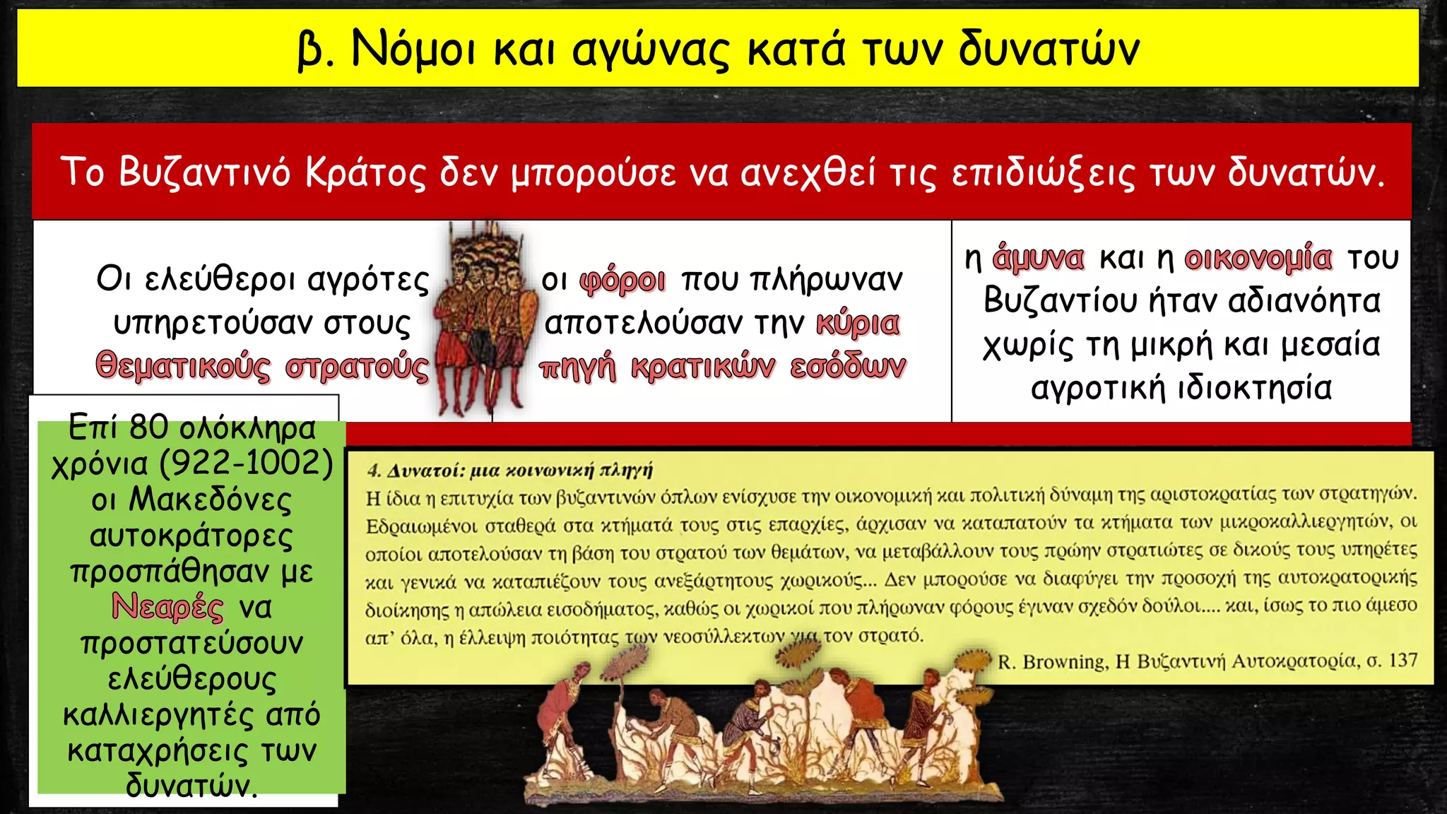 Το Βυζαντινό Κράτος δεν μπορούσε να ανεχθεί τις επιδιώξεις των δυνατών.
Οι ελεύθεροι αγρότες
υπηρετούσαν στους
οι που πλήρωναν
αποτελούσαν την
η και η του
Βυζαντίου ήταν αδιανόητα
χωρίς τη μικρή και μεσαία
αγροτική ιδιοκτησία
β. Νόμοι και αγώνας κατά των δυνατών
Επί 80 ολόκληρα
χρόνια (922-1002)
οι Μακεδόνες
αυτοκράτορες
προσπάθησαν με
να
προστατεύσουν
ελεύθερους
καλλιεργητές από
καταχρήσεις των
δυνατών.
 