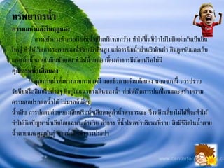 ทรัพยากรน้า
ความแห้งแล้งในฤดูแล้ง
การแผ้วถางทาลายป่าต้นน้าเป็นบริเวณกว้าง ทาให้พื้นที่ป่าไม้ไม่ติดต่อกันเป็นผืน
ใหญ่ ทาให้เกิดการระเหยของน้าจากผิวดินสูง แต่การซึมน้าผ่านผิวดินต่า ดินดูดซับและเก็บ
และเก็บน้าภายในดินน้อยลง ทาให้น้าหล่อ เลี้ยงลาธารมีน้อยหรือไม่มี
คุณภาพน้าเสื่อมลง
คุณภาพน้าทั้งทางกายภาพ เคมี และชีวภาพล้วนด้อยลง นอกจากนี้ การปราบ
วัชพืชหรืออินทรีย์ต่างๆ ที่อยู่ในแนวทางเดินของน้า ก่อให้เกิดการปนเปื้อนและสร้างความ
ความสกปรกต่อน้าได้ไม่มากก็น้อย
น้าเสีย การปลดปล่อยของเสียหรือน้าเสียลงสู่ลาน้าสาธารณะ จึงหลีกเลี่ยงไม่ได้ที่จะทาให้
ทาให้เกิดปัญหาน้าเสียโดยเฉพาะลาห้วย ลาธาร ที่น้าไหลช้าบริเวณที่ราบ สิ่งมีชีวิตในน้าตาย
น้าตายและสูญพันธุ์ ขาดน้าดิบทาการประปา
 