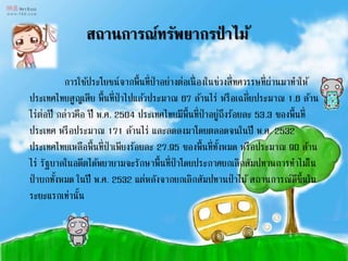 สถานการณ์ทรัพยากรป่ าไม้
การใช้ประโยชน์จากพื้นที่ป่าอย่างต่อเนื่องในช่วงสี่ทศวรรษที่ผ่านมาทาให้
ประเทศไทยสูญเสีย พื้นที่ป่าไปแล้วประมาณ 67 ล้านไร่ หรือเฉลี่ยประมาณ 1.6 ล้าน
ไร่ต่อปี กล่าวคือ ปี พ.ศ. 2504 ประเทศไทยมีพื้นที่ป่าอยู่ถึงร้อยละ 53.3 ของพื้นที่
ประเทศ หรือประมาณ 171 ล้านไร่ และลดลงมาโดยตลอดจนในปี พ.ศ. 2532
ประเทศไทยเหลือพื้นที่ป่าเพียงร้อยละ 27.95 ของพื้นที่ทั้งหมด หรือประมาณ 90 ล้าน
ไร่ รัฐบาลในอดีตได้พยายามจะรักษาพื้นที่ป่าโดยประกาศยกเลิกสัมปทานการทาไม้ใน
ป่าบกทั้งหมด ในปี พ.ศ. 2532 แต่หลังจากยกเลิกสัมปทานป่าไม้สถานการณ์ดีขึ้นใน
ระยะแรกเท่านั้น
 
