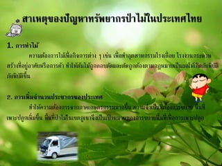 1. การทาไม้
ความต้องการไม้เพื่อกิจการต่าง ๆ เช่น เพื่อทาอุตสาหกรรมโรงเลื่อย โรงงานกระดาษ
สร้างที่อยู่อาศัยหรือการค้า ทาให้ต้นไม้ถูกลอบตัดและตัดถูกต้องตามกฎหมายเป็นผลให้เกิดภัยพิบัติ
ภัยพิบัติขึ้น
2. การเพิ่มจานวนประชากรของประเทศ
ทาให้ความต้องการจากภาคเกษตรกรรมมากขึ้น ความจาเป็นที่ต้องการขยาย พื้นที่
เพาะปลูกเพิ่มขึ้น พื้นที่ป่าไม้ในเขตภูเขาจึงเป็นเป้ าหมายของการขยายพื้นที่เพื่อการเพาะปลูก
สาเหตุของปัญหาทรัพยากรป่ าไม้ในประเทศไทย
 