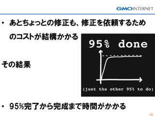 32
• あとちょっとの修正も、修正を依頼するため
のコストが結構かかる
その結果
• 95%完了から完成まで時間がかかる
 