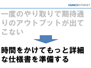 一度のやり取りで期待通
りのアウトプットが出て
こない
時間をかけてもっと詳細
な仕様書を準備する
 