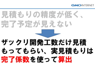 見積もりの精度が低く、
完了予定が見えない
ザックリ開発工数だけ見積
もってもらい、実見積もりは
完了係数を使って算出
 